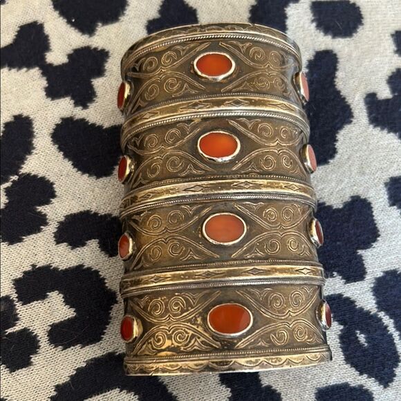Vintage Style Ornate Cuff Bracelet with Orange Accents - Picture 2 of 7